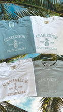 Load image into Gallery viewer, Bachelorette party t-shirt design with Nashville, TN and Charleston, SC embroiderey