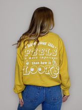 Load image into Gallery viewer, "Living > Scrolling" Mustard Screenprint Crewneck