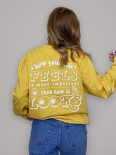 Load image into Gallery viewer, "Living > Scrolling" Mustard Screenprint Crewneck