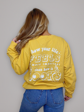 Load image into Gallery viewer, "Living > Scrolling" Mustard Screenprint Crewneck