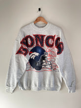 Load image into Gallery viewer, Vintage Denver broncos crewneck - broncos is spelled out largely across the chest with the broncos helmet graphic below 

