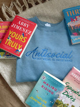 Load image into Gallery viewer, Antisocial but Willing to Discuss Books Crewneck - Misty Blue 📖
