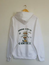 Load image into Gallery viewer, White colored sweatshirt with Drink Local Coffee screenprinted on the back of the sweatshirt with a fun coffee cup logo
