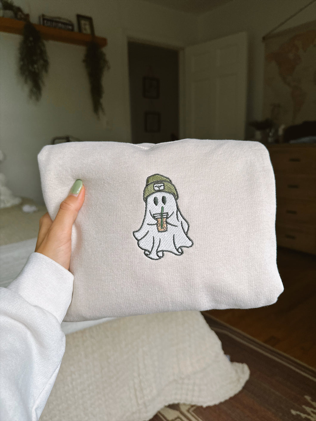 Sand - Ghost w/ Beanie Embroidered Crewneck