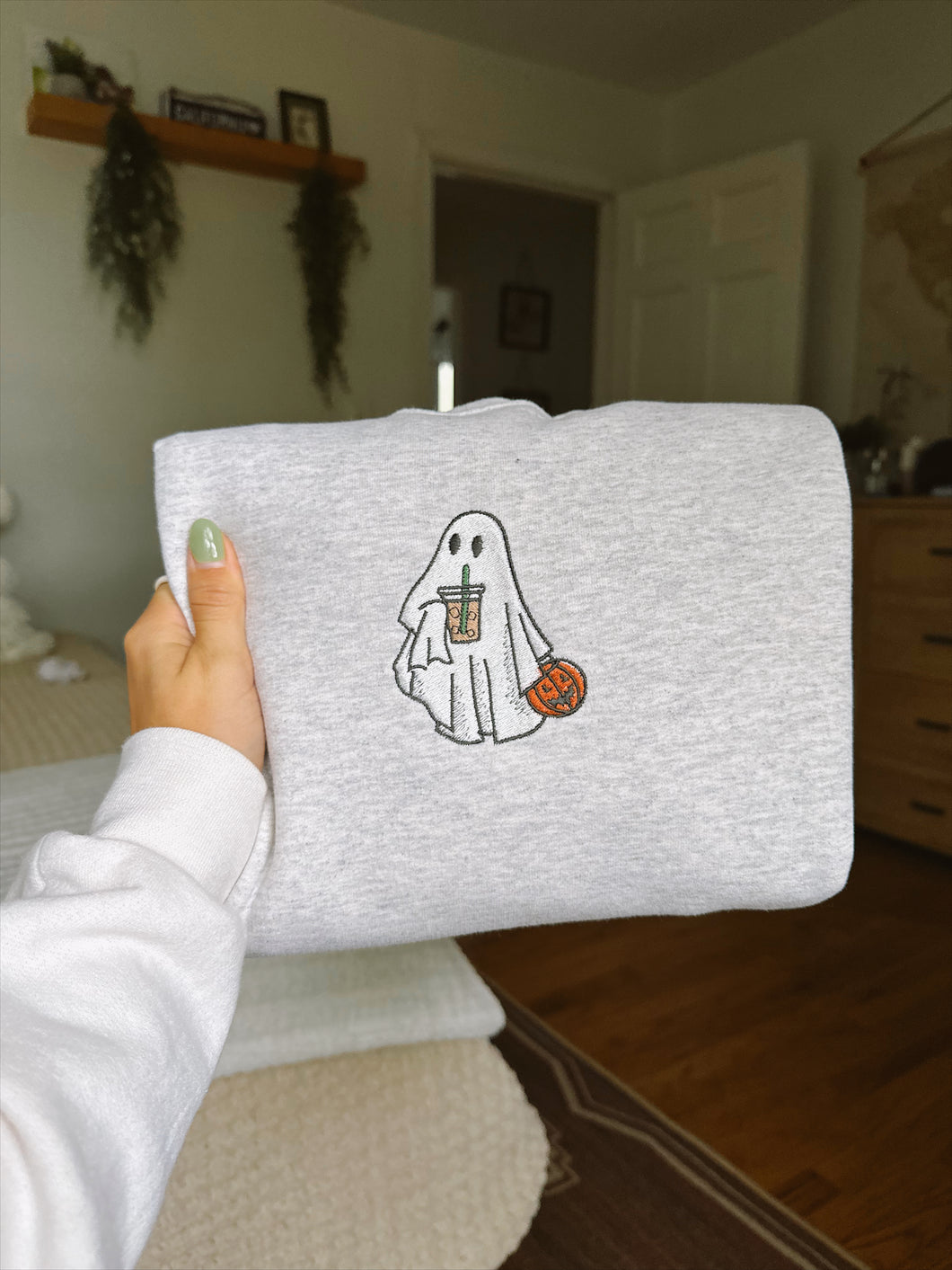 Gray Heathered - Ghost w/ Pumpkin Embroidered Crewneck