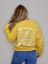 Load image into Gallery viewer, &quot;Living &gt; Scrolling&quot; Mustard Screenprint Crewneck
